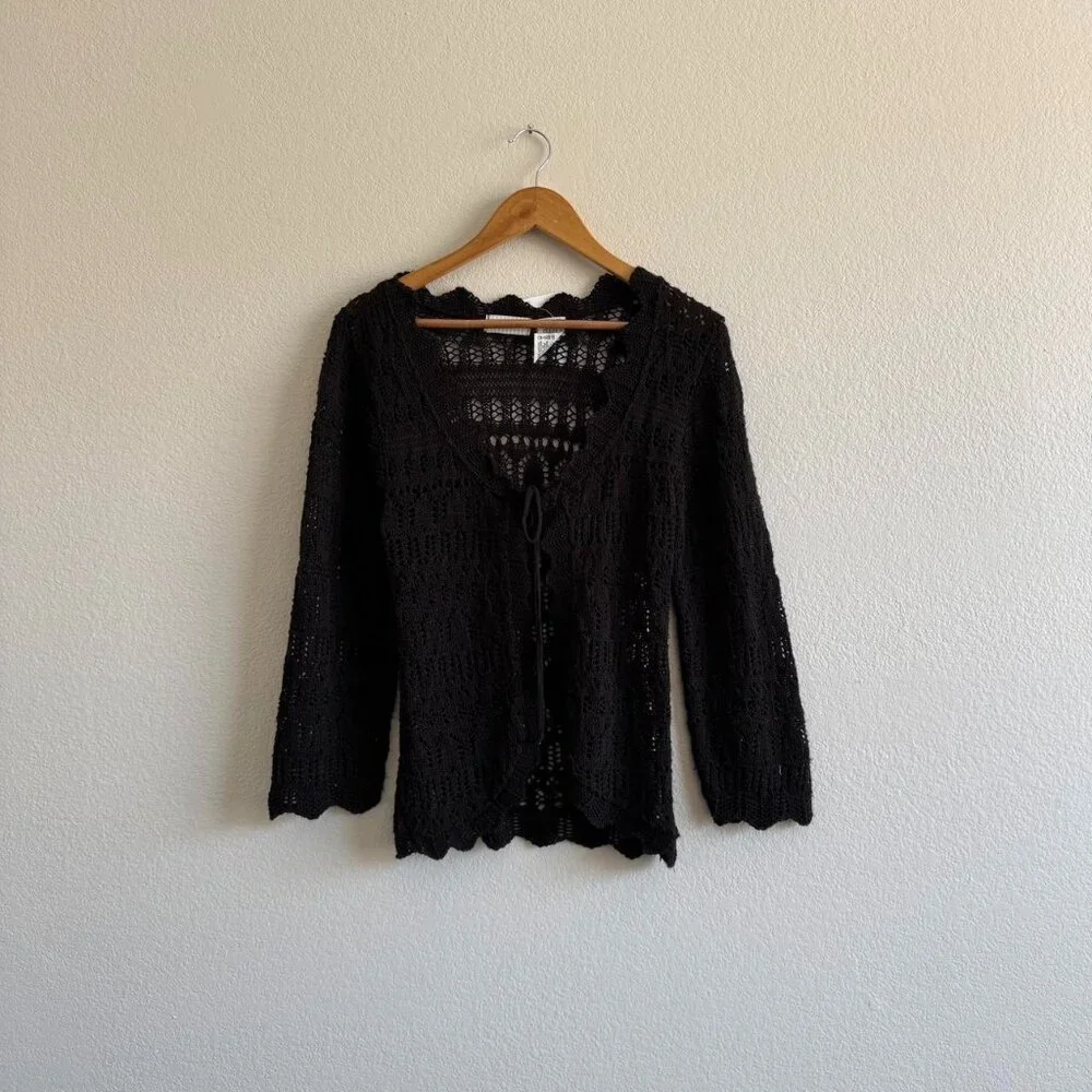 Vintage White Stag Crochet Knit Tie Front Cardigan Sweater size Medium